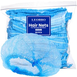 LEOBRO 24 Inches Large Hair Nets, Hair Nets for Food Service Workers, Hairnets for Foodservice, Kitchen Hair Nets for Women Men Cooking, Disposable Bouffant Caps, Hair Cover, 50PCS, Blue