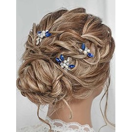 Heread Blue Crystal Bride Wedding Hair Pins Silver Pearl Bridal Hair Pieces Rhinestones Bridesmaid Hair Accessories for Women and Girlsï¼Pack of 3)
