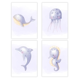 møij Pictures for Baby Room, Children's Room, Set of 4, A4 Posters without Picture Frame, Sea Creatures Purple, Decorative Girls and Boys