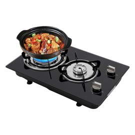 Bulit-in Gas Stove 2 Burners Gas Cooktop Stove Top, 20 * 13in Tempered Glass Stove Cooker Dual Burner Propane Stove, LPG/NG Countertop Electronic Ignition Cast Iron Burner
