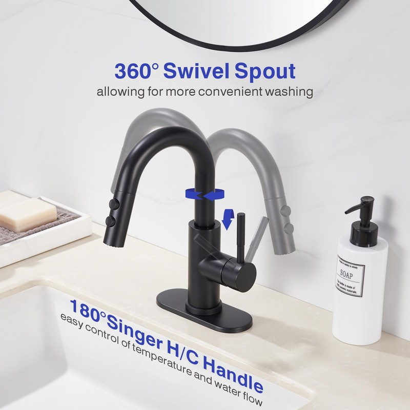 Kablle Bathroom Sink Faucet with Pull Down Sprayer, Matte Black