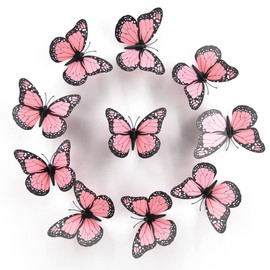 LOVPLAY 12 Pcs Realistic Pink Monarch Butterfly Wall Decal Stickers, Magnetic & PVC Material, Perfect for Kids Room, Bedroom, Party Decorations