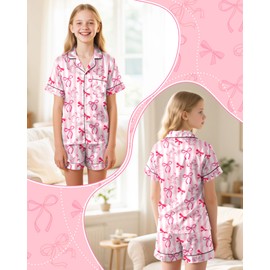 Nidoul Girls Pajamas Satin Pajama Set Silk Pjs Short Sleeve Button Down Summer Sleepwear for Big Kids Size 9-10