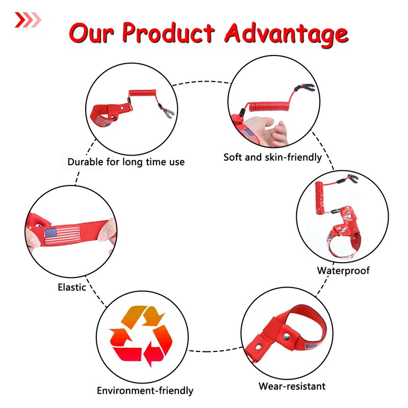 ボートキルスイッチ ランヤードスーツ すべてのヤマハジェットスキー、ウェイバーナー、マリン船外モーターエンジンカットオフストップテザーリストストラップ EW2-68348-00-00 交換用 (赤に米国旗付き)