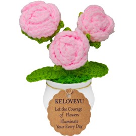 KELOVEYU Crochet Flowers Bouquet Rose Crochet Potted Plants Knitted Flowers Pots Cute Desk Decor Car Dashboard Home Office Decor Mothers Day Valentines Day Birthday Gifts (Pink)