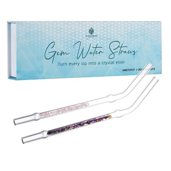 Ayana Wellness – Gem Water Straws – Turn Every Sip Into A Crystal Elixir – Set Of 2 Drinking Straws With Natural Gemstones – Healing Rose Quartz and Balancing Amethyst – Food Safe and BPA Free