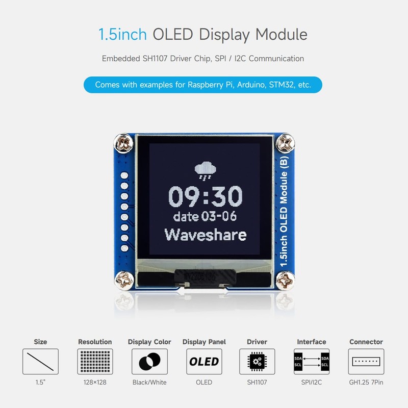 Waveshare 1.5inch OLED Display Module, 128 x 128 Resolution, SPI
