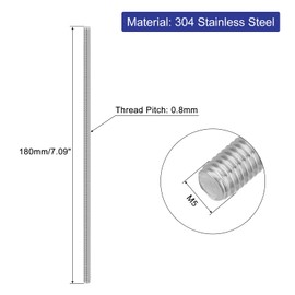 sourcing map 3Pcs Fully Threaded Rod, M5 x 180mm 304 Stainless Steel Right Hand Thread Bar Studs M5-0.8 Thread Pitch for Furniture Machinery Assembly