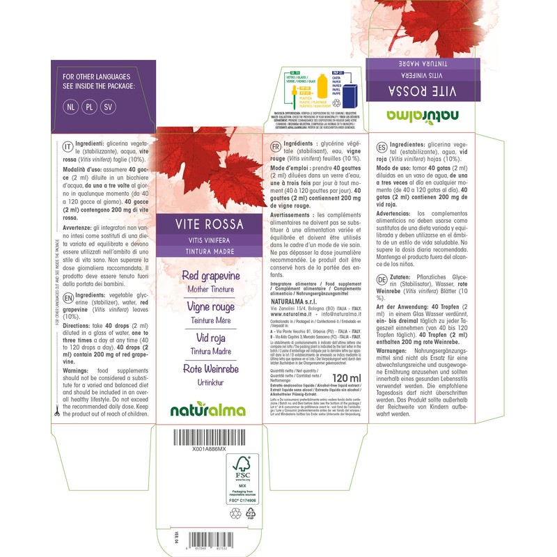 Red Grape Vine (Vitis Vinifera) Leaves Alcohol-Free Mother Tincture Naturalma
