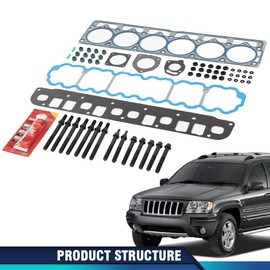 PIT66 Head Gasket Head Bolts Set Compatible with Jeep Cherokee 1999-2001 4.0L 242CID L6 OHV/Fit Jeep Grand Cherokee TJ Wrangler 1999-2003 4.0L 242CID L6 OHV HS9076PT-4, ES71102