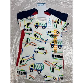 Carter's New Carters Baby Boys 12 Months Snap On Romper White W/ Vehicles Red 2 Pack AM33