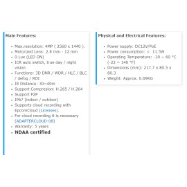 Epcom Camera IP Bullet 4 Megapixel WDR POE 98ft (30m) IP67 Micro SD XB42ZC-GEN3