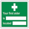 V Safety First Aider/Located Sign - 200mm x 150mm -