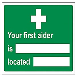 V Safety First Aider/Located Sign - 200mm x 150mm - 1mm Rigid Plastic