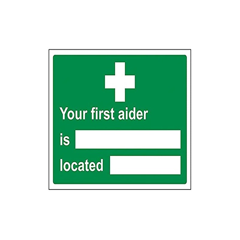 V Safety First Aider/Located Sign - 200mm x 150mm -