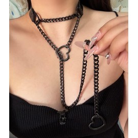 KOFISNI Leather Choker Slip Chain Necklace Stainless Steel Cuban Link Long Necklaces Gothic Punk Heart Chain Necklace Handmade Collars for Women (Black+Black)