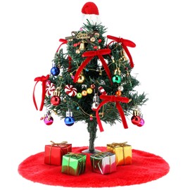 Sumind 12 Inch Mini Christmas Tree Set Tabletop Artificial Christmas Tree with LED Light Hanging Ornament Balls Skirt Garland Bows Red and White Candy Decoration for Xmas Table Desk Centerpiece