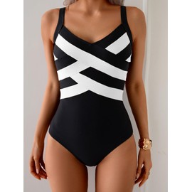 Aidonger One Piece Swimsuit for Women Tummy Control Bathing Suit Color Block V Neck Swimwear