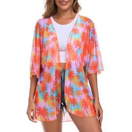RELLECIGA Women's Lightweight Kimono Cardigan Beach Cover Up Casual Blouse Tops, Orange Coconut Tree, Small