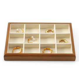 Papten Wooden Jewellery Tray, Jewellery Organiser Jewellery Insert for Drawer, Stackable Jewellery Tray, 12 Compartments, Jewellery Display, 25 x 17 x 3 cm (Beige)