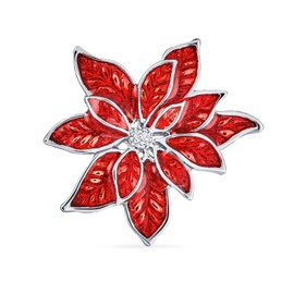 Large Statement Flower Holiday Party White Red Enamel Poinsettia Brooch Christmas Scarf Pin for Women Silver Plated