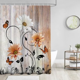 AAtter Orange Floral Shower Curtain Flower Rustic Farmhouse Country Fall Burnt Rust Terracotta White Daisy Amber Plant Butterfly Polyester Home Bathroom Decor Bathtub Set with 12 Hooks, 60x72, Retro