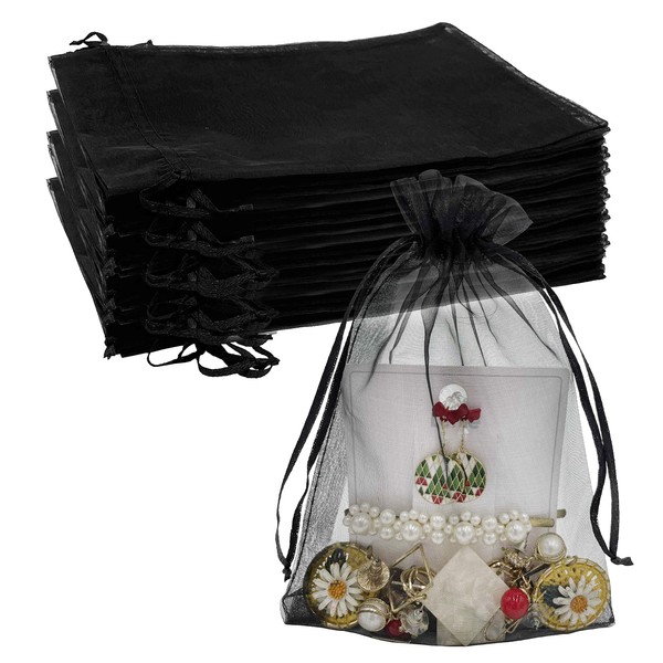 Jexila 100PCS Sheer Organza Bag 5''X7'' Black Mesh Bags Drawstring Gift Bag Small for Jewelry Goodie Candy Wedding Party Favor Pouch Bags (Black)
