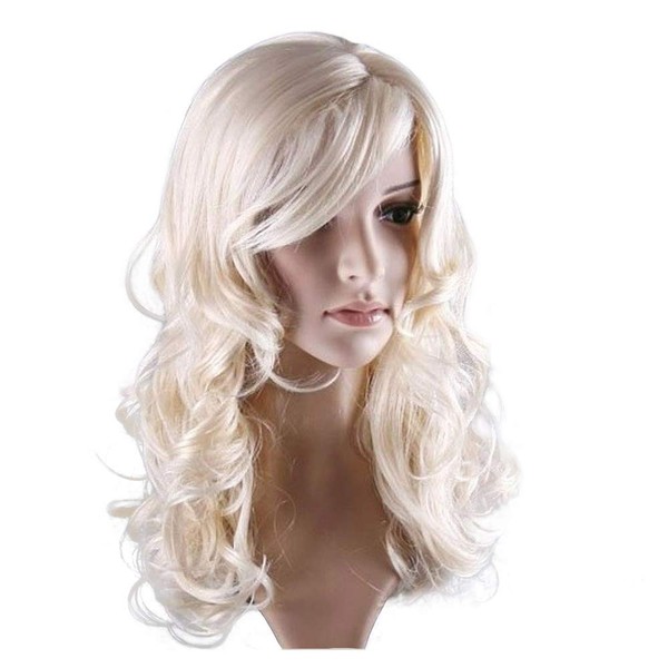 MAGQOO 24 Inches Platinum Blonde Wig with Bangs Long Curly Wavy Wig Light Blonde Hair Wigs Women Girls Cosplay Costume Party Wigs (Light Blonde, 24 Inches)