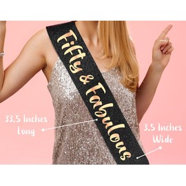 PartyForever 50th Birthday Sash Fifty & Fabulous Decorations for Her Made of Black Glitter Fabric with Rose Gold Letters for Women