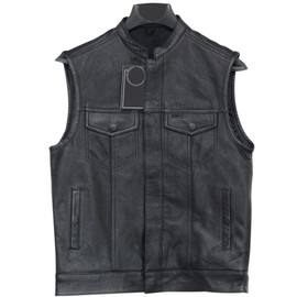 Mens Motorcycle Zipper & Button Leather Vest Gun Pockets Mc Club Vest 1 Panel Back (6XL 64"-66")