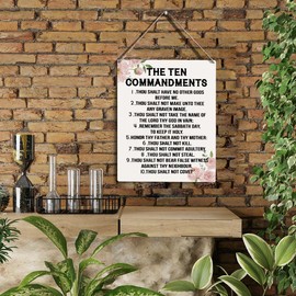 YCYD Ten Commandments Decor,10 Commandments Desk Poster, Christian Bible Verse Decor Religious Home Rustic Wooden Box Sign for Living Room Bedroom Office 10 x 8 Inches flower