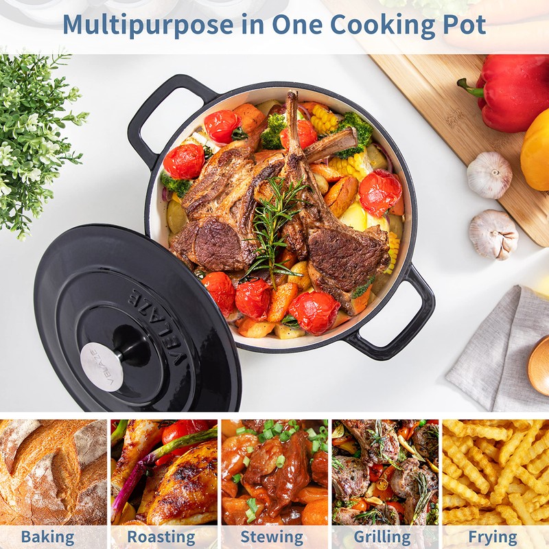 Velaze 6 QT Enameled Cast Iron Dutch Oven, Dual Handles