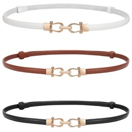 WERFORU Women 3 Pack Skinny Belt for Dress,Thin Waist Belt - Adjustable Leather Belt with Gold Buckle, Fit Waist Size below 37 Inches, White+Brown+Black