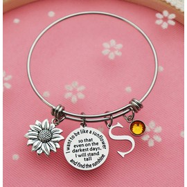 Eilygen Sunflower Bracelet Gift Initial Charm Bracelet 26 Letters Adjustable Bracelet for Women Encouragement Jewelry for Her (Sunflower Bangle S)