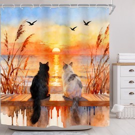 Beach Ocean Funny Cute Cat Fall Sunset Sea Bathroom Shower Curtain Set