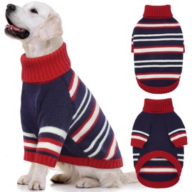 Kuoser Dog Sweater,Warm Dog Sweaters for Extra Large Dogs,Turtleneck Thick XXL Dog Sweater Christmas Outfit,Pet Winter Clothes Doggie Knitwear Girl Boy for Holiday Thanksgiving,Red&Blue Strips 2XL
