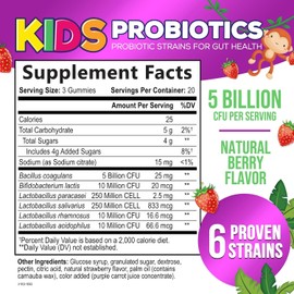 Nature's Nutrition Probióticos para niños 5 mil millones de UFC - Suplemento natural para el sistema inmunitario y la salud digestiva - Gomita probiótica diaria para niños mayores de 4 años. Vegano, s