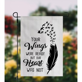 YmeerGifts Memorial Day Garden Flag - Outdoor Gravesite Feather Saying Decor - Your Wings Were Ready But Our Hearts Were Not Garden Flag - New Home Yard Flag - Outdoor Yard Flag - Housewarming Gift