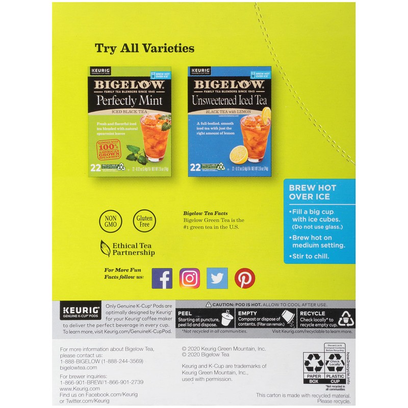 Bigelow Unsweetened Iced Tropical Green Tea Keurig K Cup Pods,
