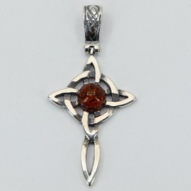Amber America Natural Cognac Brown BALTIC AMBER Celtic Cross Pendant 925 STERLING SILVER #6877