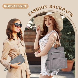 ROOSALANCE Backpack Purse for Women, PU Leather Backpack Purse, Waterproof Anti-Theft Women Back pack, Fashion Multi-Pocket Travel Backpack Shoulder Bag Handbag With Clutch, Grey