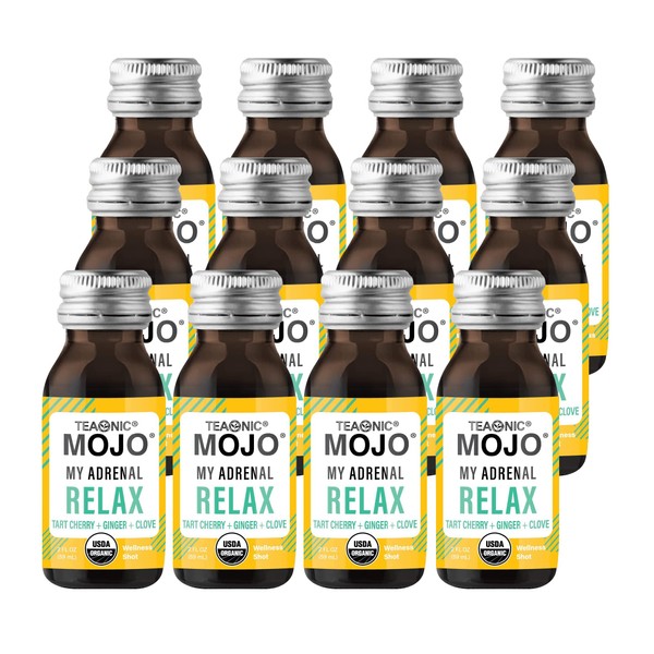TEAONIC My Adrenal Mojo: Relax, Herbal Detox Juice With Ginger Root, Tart Cherry, Clove, USDA-Certified, Vegan, Gluten-Free, Non-GMO, 12 Bottles, Each Weighing 2 Fl Oz