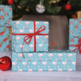4 x Pink Flamingo Eco Christmas Wrapping Paper Sheets for Girls 70cm x 50cm- Premium Recyclable Xmas Gift Wrap Designed and Made in The UK from 100% Recycled Paper