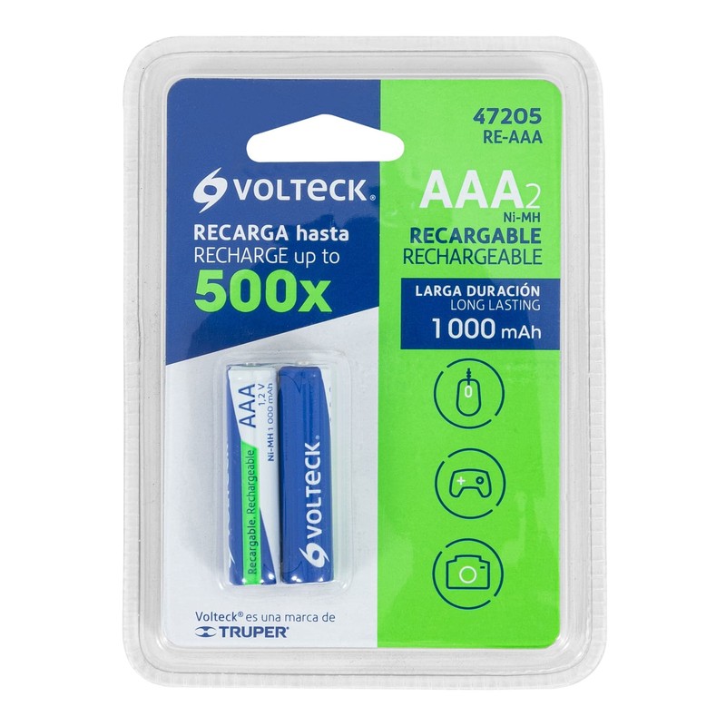Volteck RE-AAA, Pilas recargables, larga duración, AAA, 1, 000 mAh,