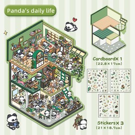 Wnqou 2 Sets DIY 3D House Stickers, 3D Scene Stickers, Simulated Cabin Scene Stickers Large Version, Cute Cartoon Scenery Stickers for Adults and Kids, Fun Rabbit and Panda's Cottage Stickers