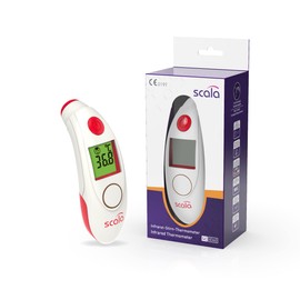 scala SC 8360 NFC Top Speed Night Digital Infrared Forehead Thermometer with Optical and Acoustic Fever Alarm Data Storage via NFC Connection and App White Red