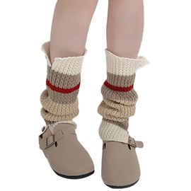 EMOTTOS Women's Ribbed Knit Leg Warmers 1 Pair, Knitted Leg Warmers with Contrast Stripes, Ballet Leg Warmers, Knitting Leg Warmers for Girls, One Size, Brown/Beige, beige