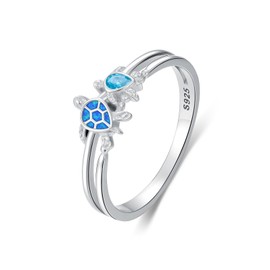 WINNICACA Sea Turtle Gifts for Women 925 Sterling Silver Turtle Ring Blue Opal Beach Rings for Women Ocean Jewelry Birthday Gift, Best Friend Rings, Mom Ring, Size 8