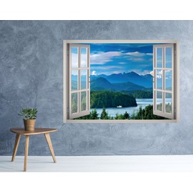 Lake Mountain Landscape View Window 3D Wall Decal Art Removable Wallpaper Mural Sticker Vinyl Home Decor West Mountain™ W13 (Large (49''W x 35''H))