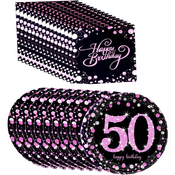 SPABOY 50th Birthday Party Plates and Napkins, 16pcs Pink and